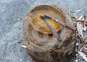 Making handmade wooden bowl with wood carving tools