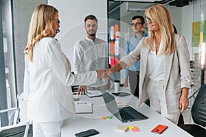 Making handshake. Group of professional business people is in the office