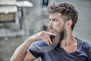 Making hard decision. Bearded man concentrated face. Hipster with beard thoughtful expression. Thoughtful mood concept