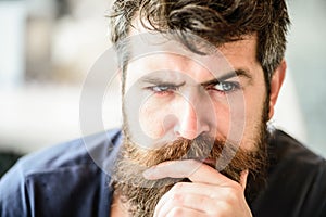 Making hard decision. Man with beard and mustache thoughtful troubled. Bearded man concentrated face. Hipster with beard