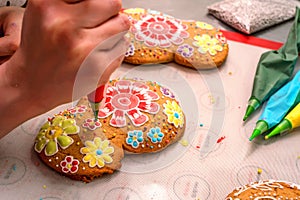 Making holiday`s decorated gingerbread
