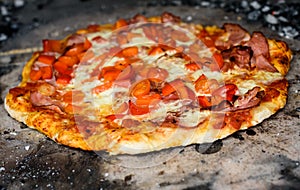 Making of homemade Italian pizza in fireplace brick oven