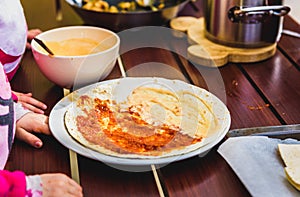 Making of Homemade Mexican food burrito, fajitas, Quesadillas, E