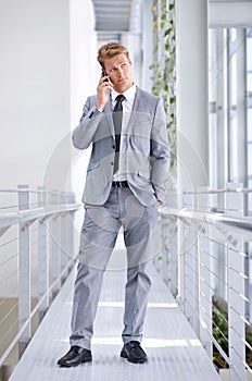 Making an important business call. A young and handsome employee using his mobile phone.