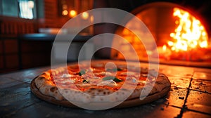 Preparing traditional italian pizza Romana. Long shovel for pizza, baking dough in a professional oven with open fire in photo