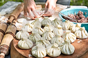 Making khinkali Georgian food Caucasian dishes