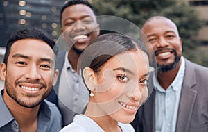 Making memories together. Shot of a group of businesspeople standing outside together.