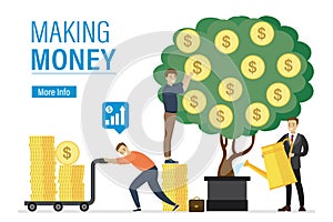 Making money, landing page template. Businessmen watering money tree and take profit. Entrepreneur push cart with golden coins