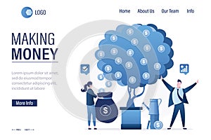 Making money, landing page template. Happy business people development successful enterprise and takes profit. Huge money tree