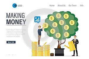 Making money landing page template. People grows profit money tree. Investor watering plant in pot. Venture fund, investment