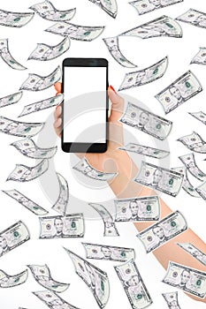 Making money online concept with woman hand holding a smartphone with a blank display