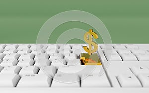 Making money online from home. Golden dollar sign floating over computer keyboard. Digital 3D render concept.