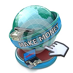 Making money online - withdrawing dollars online. Make money words on the globe