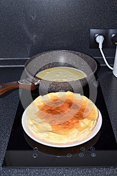 Making pancakes, cake, baking top view. Concept of Cooking ingredients and method on white marble background