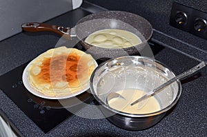 Making pancakes, cake, baking top view. Concept of Cooking ingredients and method on white marble background