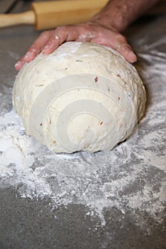 Making pizza dough! Italian Pizza restaurant business front cover for magazine or books.