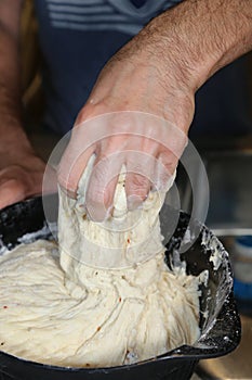 Making pizza dough! Italian Pizza restaurant business front cover for magazine or books.