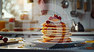 making a priceless pancake, showcasing the cooking process with lots of empty space for text. photo