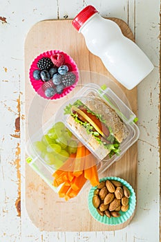 Making school lunch on wood background