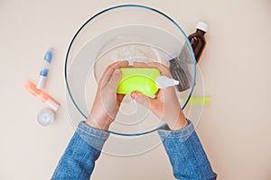 Making slime, step by step instruction, step five, adding thickening agent