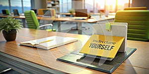 Making a Strong First Impression A Sticky Note SelfIntroduction on a Modern Office Desk Illustrating Effective photo