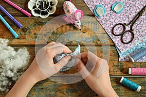 Making textile mouse. Sewing toys with your own hands. DIY concept for children. Handmade crafts.