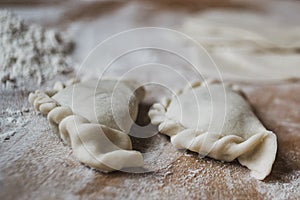 Making traditional Polish pierogi. Closeup of dumplings.