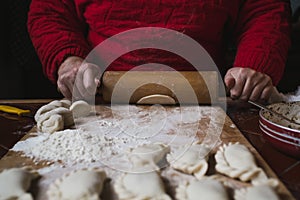 Making traditional Polish pierogi. Woman rolling dough.