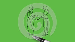 Making a view of an office girl is giving a box to a lady in black and blue colour combination dress on abstract green background