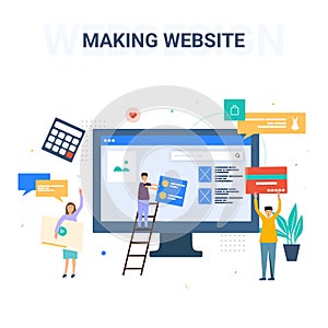 Making websitesite. Web e-shop pages under construction and seo optimization with marketing people