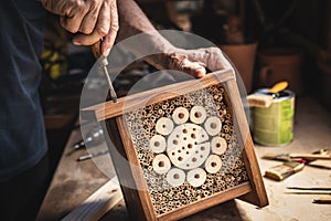 Making wooden insect hotel in workshop photo