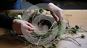 Making of wreath with wire- thread and spruce twigs