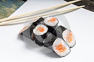 Makisushi on white plate.