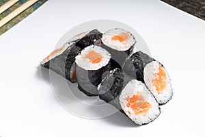 Makisushi on white plate. Seafood traditional maki sushi rolls