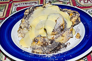 Makos guba on a dish with vanilla dressing