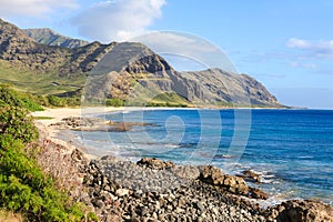 Makua beach with beautiful mountains Oahu island, Hawaii