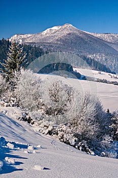 Mala Fatra mountains over Zaskov village from meadows over Komjatna during winter