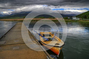 Mala Prespa lake and the pier of Mikrolimni village