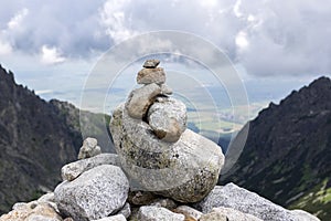 Mala studena dolina hiking trail in High Tatras, summer touristic season, wild nature, touristic trail, stone cairn