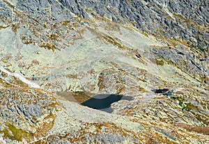 Mala Studena dolina valley with Teryho chata, Male Spiske pleso and Prostredne Spiske pleso lakes in Vysoke Tatry mountains in