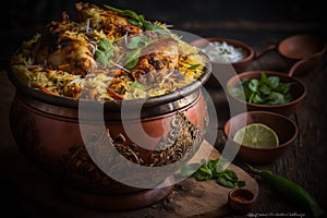 Malabar Chicken Biryani: Succulent chicken, fragrant rice, and warm spices aromatic delight. Served with raita and crunchy