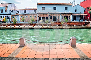 Malacca river town, colorful buildings and canal in Malaysia