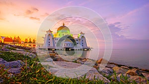 Malacca Straits Mosque  Masjid Selat Melaka, It is a mosque located on the man-made Malacca Island near Malacca Town, Malaysia