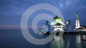 Malacca Straits Mosque with Water Reflection at Blue Hour