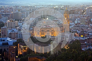 Malaga with Cathedral in evening. Spain