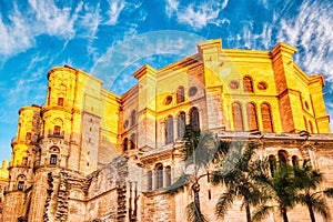 Malaga Cathedral from Plaza Del Obispo at Sunrise with Blue Sky, Malaga, Andalusia