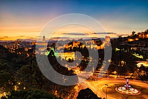 Malaga Old Town Aerial View with Malaga Cathedrat at Dusk