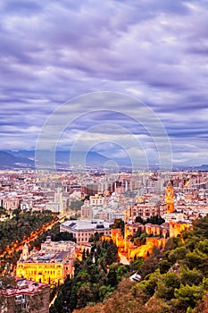 Malaga Old Town Aerial View with Malaga Cathedrat at Sunset