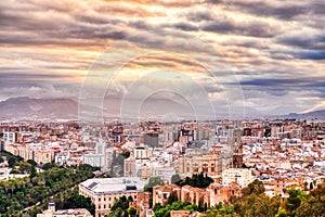 Malaga Old Town Aerial View with Malaga Cathedrat at Sunset