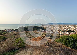 Malaga old town and historical city center panoramic view with Sierra de Mijas mountain range from Monte Victoria, Spain, Europe